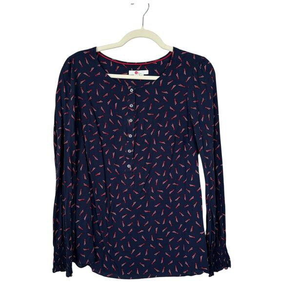 BODEN Kara Shooting Stars Blouse Navy Red Smocked Sleeves Button Front Size 10 - Picture 2 of 8